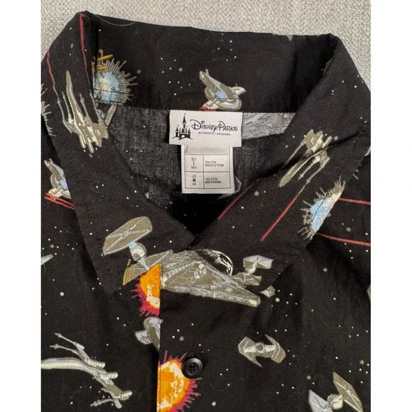 Star Wars Disney Parks Shirt Mens M Black AOP Millennium Falcon Hawaiian Button - Picture 3 of 8
